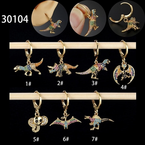 Creative Dinosaur Animal Hoop Earrings Gold Plated Copper Colorful Zircon Rainbow Pendant Jewelry For Women Men Novelty