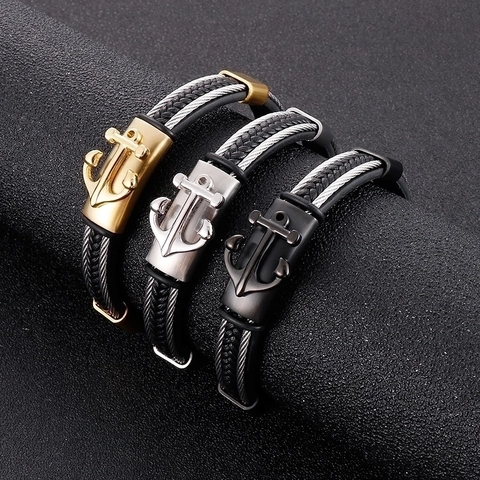 Herren Nautisch Anker Armband Geflochtenes Leder Edelstahl Drahtseil Trendiges Armband Modeschmuck Geschenk