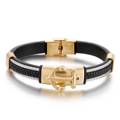 Herren Nautisch Anker Armband Geflochtenes Leder Edelstahl Drahtseil Trendiges Armband Modeschmuck Geschenk