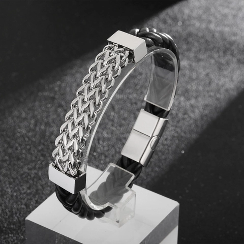 Pulsera Hombre Doble Capa Cadena Acero Inoxidable Cuero Genuino Trenzado Cierre Magnético Punk Hip Hop Joyería Accesorio