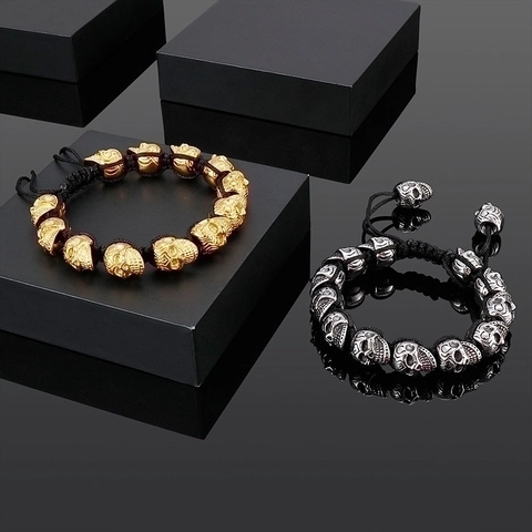 Skull Beaded Bracelet Stainless Steel Gothic Punk Adjustable Handcrafted Woven Rope Retro Jewelry For Men