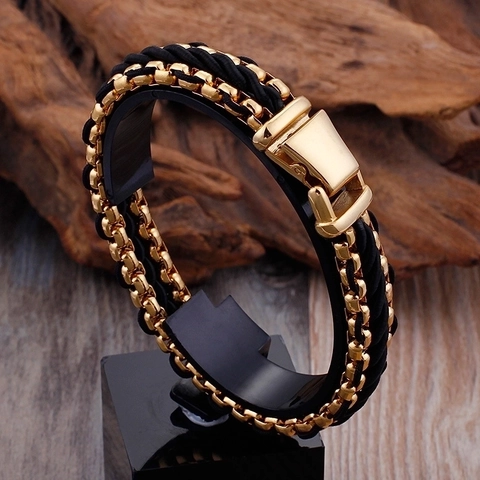 Heren Gevlochten Armband Met Roestvrijstalen Ketting En Zwart Nylon Touw Industrieel Geometrisch Sieraden Cadeau