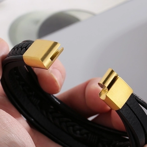 Bracciale Intrecciato Da Uomo Vera Pelle Di Vacchetta Acciaio Inossidabile Ciondolo Piuma Chiusura Magnetica Gioielli Vintage