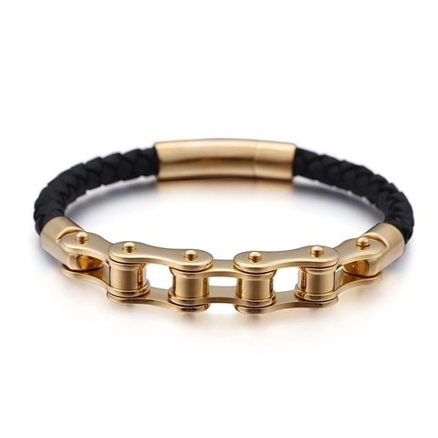 Bracciale Uomo Acciaio Inossidabile Catena Bicicletta Pelle Intrecciata Chiusura Magnetica Biker Moto Gioielli Moda
