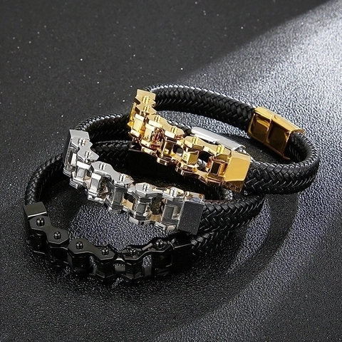 Men Bracelet Stainless Steel And Genuine Leather Woven Mechanical Bicycle Chain Punk Wristband With Magnetic Buckle