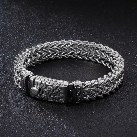 Bracciale Punk Teschio Acciaio Inossidabile 316L Retro Inciso Catena Di Grano Per Uomini Gioielli Gotici Biker