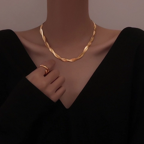 Gold Plated Stainless Steel Twisted Herringbone Chain Necklace And Bracelet Multi Layered Braided Snake Jewelry