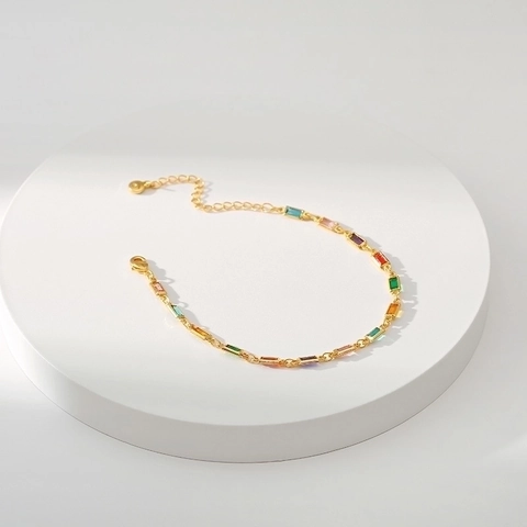 Bracciale in Rame Placcato Oro 18K Fatto a Mano Con Catena Arcobaleno di Strass Rettangolari Multicolore Gioielli di Design Per Donna Regalo