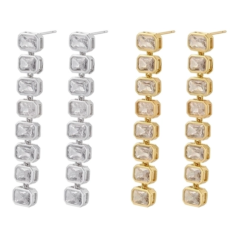 Messing 18K Vergoldete Hängeohrringe Rechteckige Zirkonia Lange Lineare Geometrische Mode Schmuck Für Damen