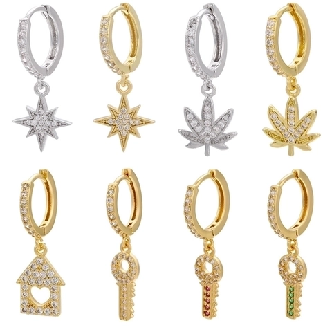 Orecchini a Cerchio in Ottone con Micro Zirconia Stella Ottagonale Foglia Chiave Casa Oro Argento per Donna Gioielli