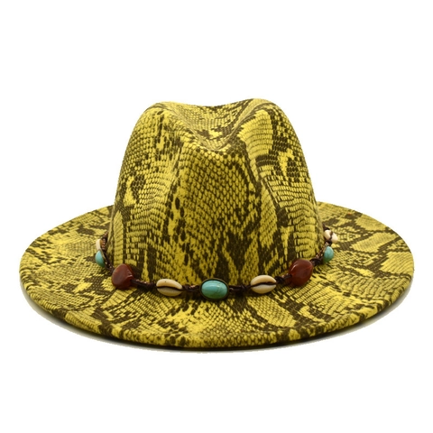 Sombrero Fedora Estampado Serpiente Ala Ancha Jazz Con Banda Bohemia Turquesa Y Conchas Fieltro Algodón Poliéster