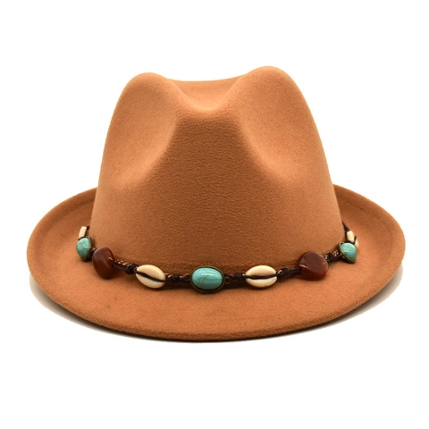 Woolen Fedora Hat For Women Men Ethnic Style Beaded Band Turquoise Shell Wide Brim Jazz Cap Outdoor Travel