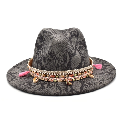 Sombrero Fedora Con Estampado De Serpiente Ala Ancha Algodón Poliéster Estilo Bohemio Étnico Con Borlas Conchas Para Hombre Mujer