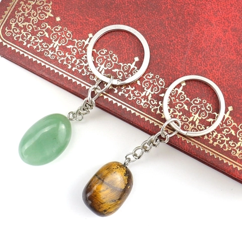 Natural Stone Irregular Agate Crystal Keychain Pendant Polished Gemstone Bag Charm Metal Keyring Amethyst Tiger Eye Jewelry
