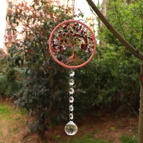 Tree Of Life Crystal Hanging Ornament Natural Crushed Stone Agate Copper Wire Suncatcher For Window Car Home Decor