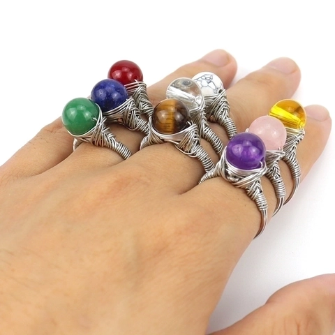 Handmade Wire Wrapped Ring Natural Gemstone Agate Round Bead Bohemian Style Silver Color Fashion Jewelry For Women