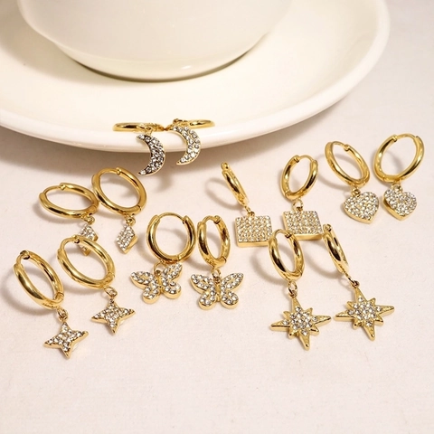 Boucles D'Oreilles Créoles En Acier Inoxydable Plaqué Or 14K Zirconium Étoile Cœur Papillon Lune Pour Femmes