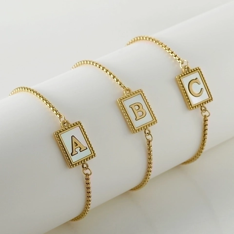Initial Alphabet Bracelet 18K Gold Plated Stainless Steel White Mother Of Artificial Pearl Pendant Adjustable Slider Chain For Women