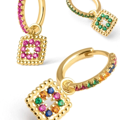 Geometric Square Pendant Hoop Earrings Copper Gold Plated With 925 Sterling Silver Earring Post Cubic Zirconia Inlaid Fashion Jewelry For Women