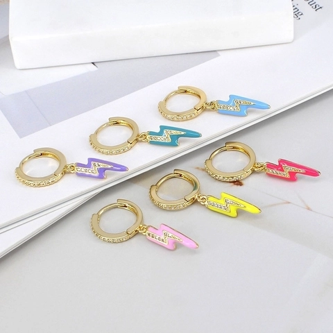 Korean Style Colorful Enamel Lightning Bolt Hoop Earrings With 925 Sterling Silver Earring Post Zirconia Inlaid Jewelry