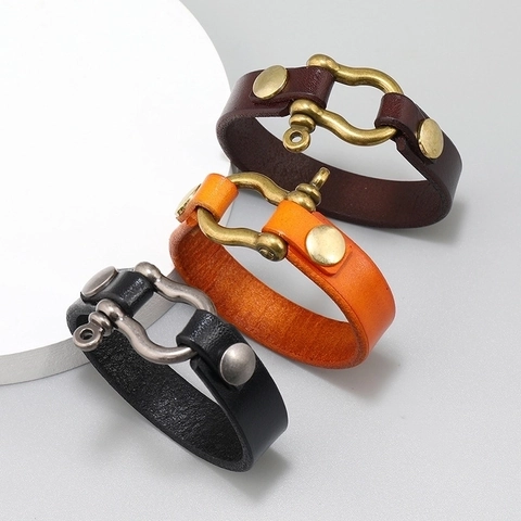 Bracciale In Vera Pelle Da Uomo Con Fibbia A Ferro Di Cavallo In Lega Stile Punk Retrò Polsino Minimalista
