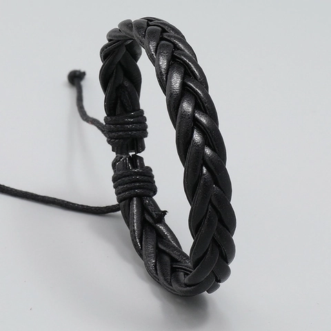 Herren Geflochtenes PU Lederarmband Schwarz Wachskordel Handgewebt Vintage Punk Stil Verstellbarer Schmuck