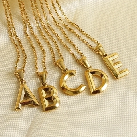 3D Initial Letter Alphabet Pendant Necklace 18K Gold Plated Stainless Steel Mirror Polish Geometric Jewelry Women