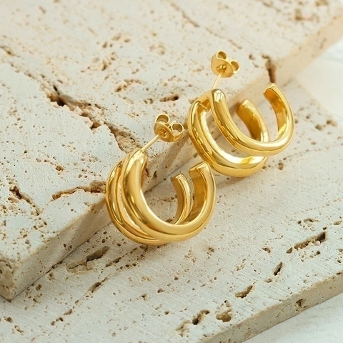 Double Loop Hoop Earrings Titanium Steel 18K Gold Plated Geometric Stacked C Shaped Fashion Jewelry For Women