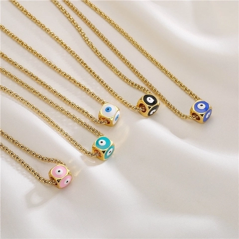 Evil Eye Cube Pendant Necklace Copper Gold Plated Enamel Drip Oil Protection Jewelry For Women Ethnic Style