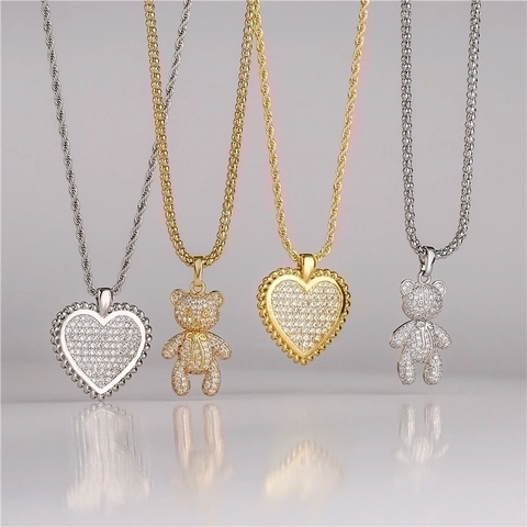 Bear Heart Pendant Necklace Copper Micro Paved Zirconia Cartoon Sweet Jewelry For Women