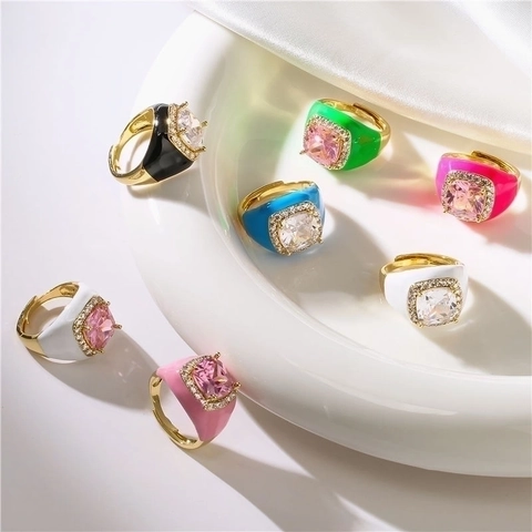 Anello Regolabile Donna Ottone Placcato Oro Smalto Geometrico Zircone Cocktail Gioielli