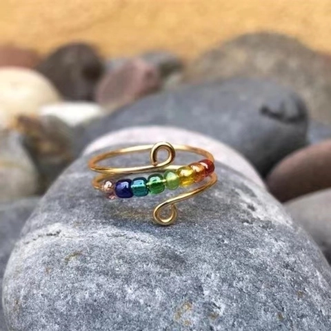 Anillo Spinner Para Aliviar La Ansiedad Cuentas De Arcoíris Cobre Envuelto En Alambre Anillo Abierto Ajustable Joyería Antiéstres Mujeres