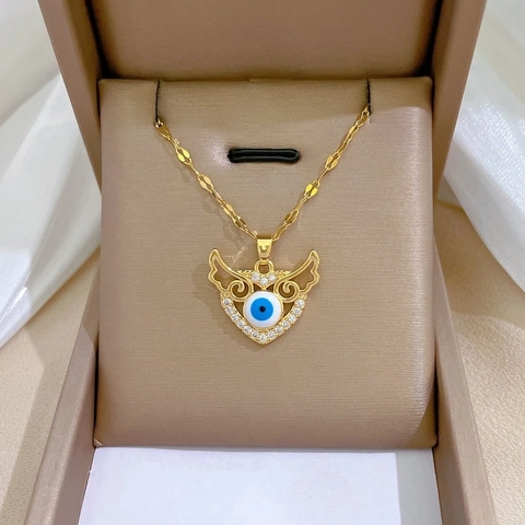 Evil Eye Herz Flügel Anhänger Halskette Gold Vergoldet Edelstahl Kupfer Zirkon Luxus Bankett Schmuck Für Frauen