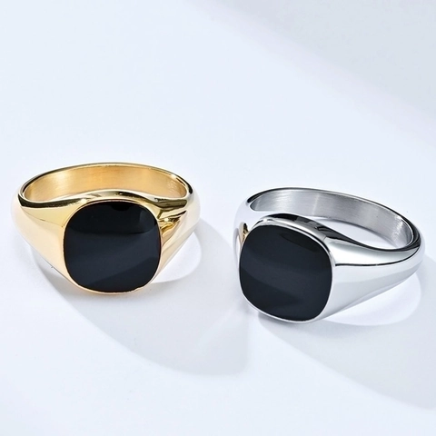 Minimalist Signet Ring Titanium Steel With Black Rectangular Enamel Inlay Unisex Punk Retro Style Polished Jewelry