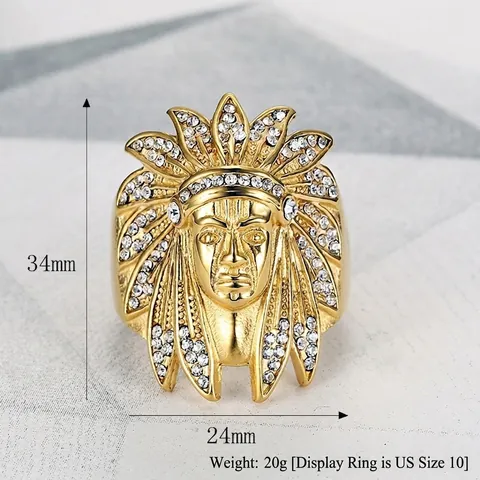 Hip Hop Indiase Chief Ring Titanium Staal Verguld Witte Strass Punk Etnische Sieraden Voor Heren