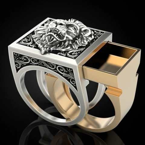 Löwenkopf Totenkopf Ring Mit Geheimfach Zweifarbig Legierung Vintage Punk Hip Hop Schmuck Für Herren
