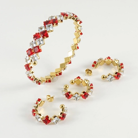 Bracciale E Orecchini In Acciaio Inossidabile Zircone Quadrato Moda Geometrica Placcato Oro Lusso Accessorio Donna