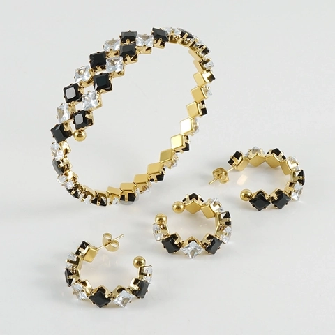Gioielli Bracciale Orecchini E Ear Cuff Zirconia Quadrata Acciaio Inossidabile Placcato Oro 18K Donne Niche