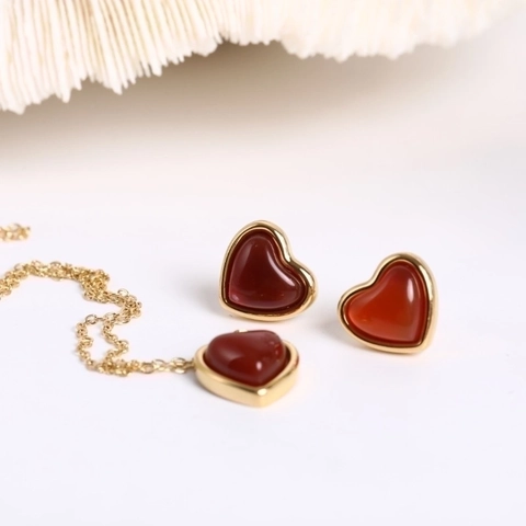 Heart Pendant Necklace Stud Earrings Stainless Steel 18K Gold Plated Agate Jewelry Waterproof Tarnish Free Fashion