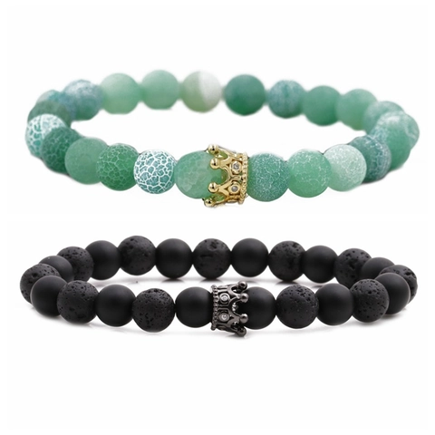 Crown Charm Natural Stone Beaded Bracelet Lava Rock Agate Elastic Fashion Jewelry Unisex Accessories