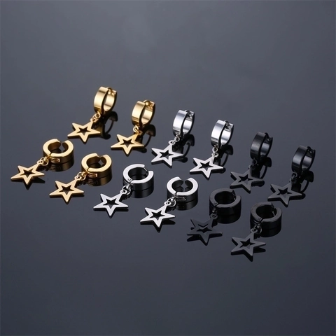 Hollow Pentagram Star Pendant Hoop Earrings Stainless Steel Punk Hip Hop Jewelry For Men Women Unisex