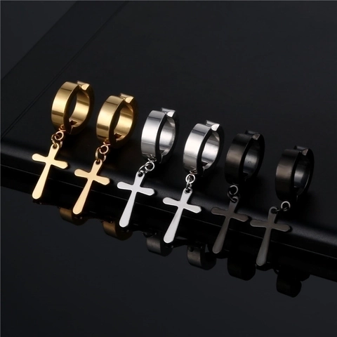 Cross Pendant Hoop Earrings Titanium Steel Punk Minimalist Jewelry For Men Non Pierced Ear Clips Trendy Style Accessory