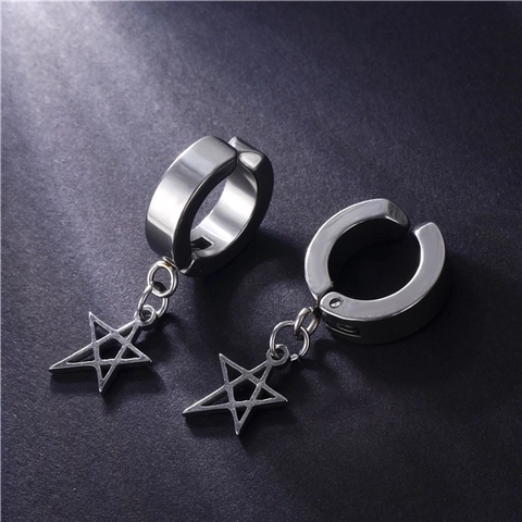 Star Pendant Hoop Earrings Titanium Steel Punk Hip Hop Hollow Pentagram Dangle Jewelry For Men Women Unisex