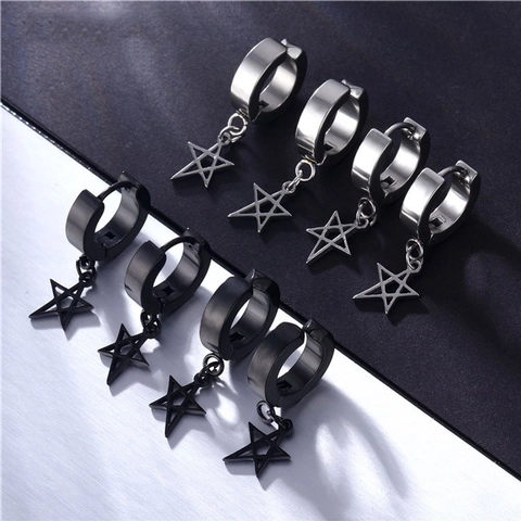 Star Pendant Hoop Earrings Titanium Steel Punk Hip Hop Hollow Pentagram Dangle Jewelry For Men Women Unisex
