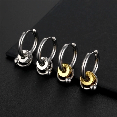 Titanium Steel Hoop Earrings For Men Women Zircon Inlaid Geometric Round Bead Pendant Minimalist Fashion Jewelry