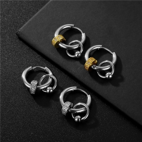 Titanium Steel Hoop Earrings For Men Women Zircon Inlaid Geometric Round Bead Pendant Minimalist Fashion Jewelry