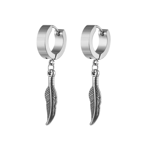 Stainless Steel Hoop Earrings Feather Snake Wing Triangle Pendant Retro Hip Hop Punk Style For Men Unisex