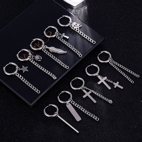 Punk Hoop Ohrringe Mit Edelstahl Ohrstecker Gothic Kreuz Feder Totenkopf Anhänger Dangle Kette Street Hip Hop Schmuck