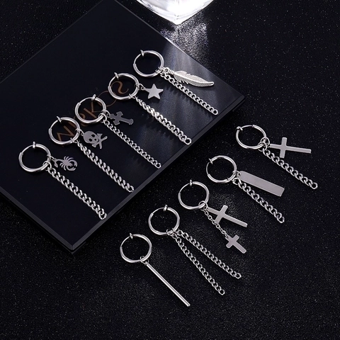 Punk Hoop Ohrringe Mit Edelstahl Ohrstecker Gothic Kreuz Feder Totenkopf Anhänger Dangle Kette Street Hip Hop Schmuck