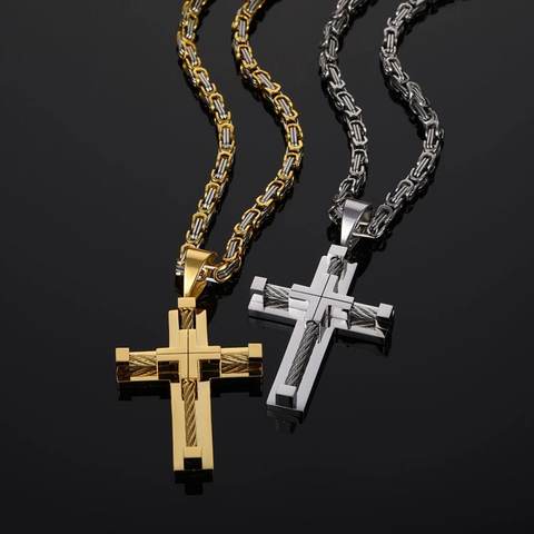Cross Pendant Necklace Stainless Steel Byzantine Chain Cable Inlay Punk Style Men Jewelry Fashion Accessories
